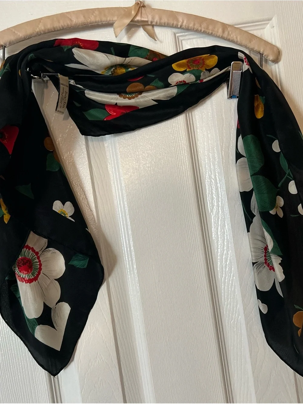 Sacha Floral Square Scarf Black White Red Green Vintage Polyester Made in Korea